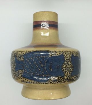 Vintage Koi Fish Vase Studio Art Pottery Blue Tan Maroon Stripes Crazing