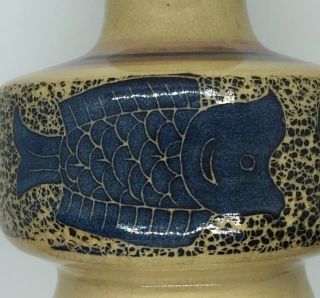 Vintage Koi Fish Vase Studio Art Pottery Blue Tan Maroon Stripes Crazing 2