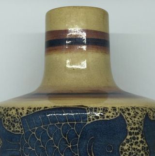 Vintage Koi Fish Vase Studio Art Pottery Blue Tan Maroon Stripes Crazing 3