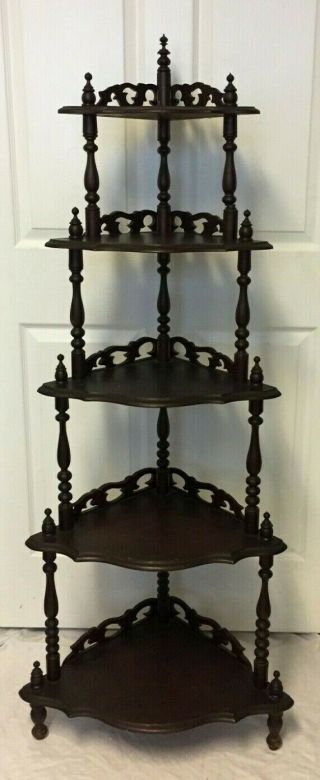 Antique Victorian Hand Made Carved Wood 5 Tier Corner Display Shelf 57 "