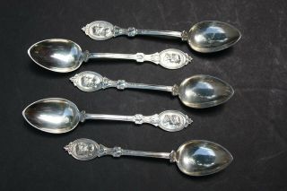 Set Of 5 Hotchkiss & Schreuder Medallion Coin Silver Coffee Or Dessert Spoons 5 "