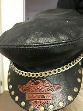 Harley Davidson Leather Cap W/stud And Chain