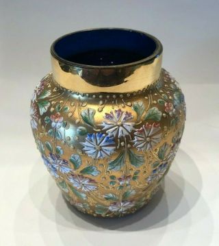 Antique Moser Art Glass Miniature Vase 3 - 1/2 " Cobalt W Enameled Flowers On Gold