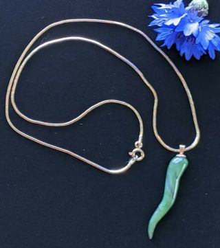 Vintage Danecraft Gold Over Sterling Necklace W/jade Italian Horn Pendant 7.  7g