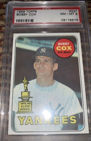 Psa 8 - 1969 Topps Bobby Cox York Yankees 237 Baseball Card Rc Rookie Hof