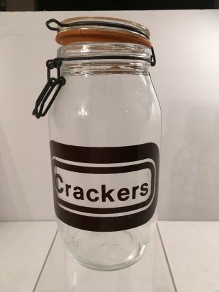 Vintage Glass Jar Canister With Wire Locking Lid With " Crackers " Spell Out - 2l