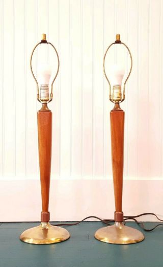 Pair (2) Mid Century T.  H.  Robsjohn Gibbings Style Wood Table Lamps Rotary
