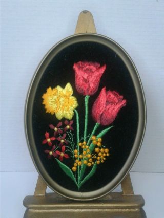 Vintage Crewel Embroidery Finished Tulips Daffodil Framed On Black Velvet Flower