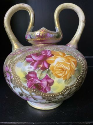Antique Nippon Beaded Gold Roses Handled Squat Vase Moriage