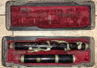 Antique 1900s 6 Key Clip Wood Piccolo Eb Flat Low Pitch Case German Flute 11.  5”