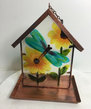 Vintage Copper And Glass Stained Dragon Fly Hanging Bird Feeder Outdoor
