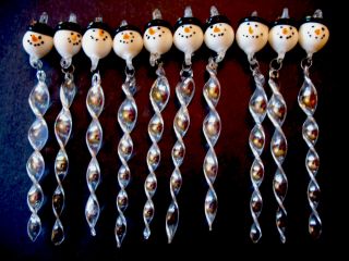 10 Vintage Hand Blown Glass Snowman Icicle Christmas Ornaments