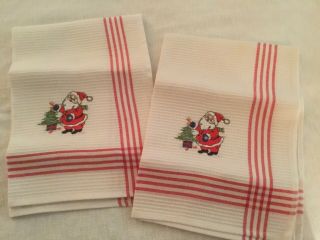 Set Of Two Vintage Embroidered Christmas Dish Towels,  Santa & Tree