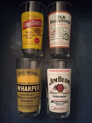 Vintage 4 Tall Whiskey Label Glasses Iw Harper Old Forester Early Times Jim Beam