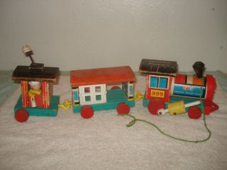 Vintage 1963 Fisher Price Huffy Puffy Wood Train Pull Toy 999 Parts 3 Cars