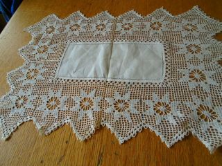 Vintage Irish Linen Tray Cloth - Hand Crochet Cotton Lace Border