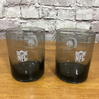 Pair Vintage NFL Los Angeles Rams Etched Double Old Fashioned Smoked Glasses 2