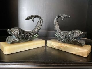Antique Bronze Marble Koi Fish Bookends
