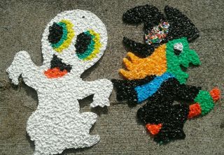 2 Vtg Halloween Melted Plastic Wall Window Decorations Witch & Ghost Popcorn