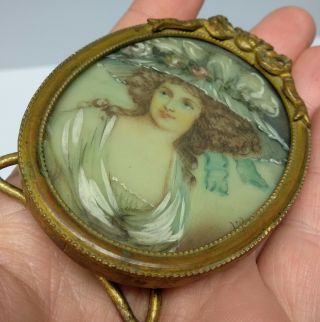 Antique Miniature Painting Lady Portrait Frame Ormolu Hand Painted Signed Illeg