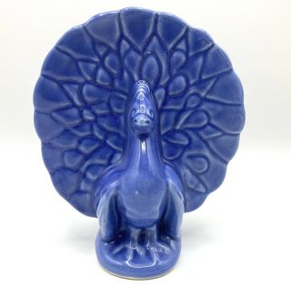 Vintage McCoy Pottery Blue Peacock Bird Planter Wall Pocket Vase USA 2
