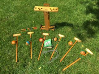 Vintage 6 Player South Bend Lawnplay Wooden Croquet Set With Wheel Cart Antique