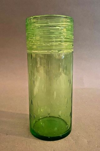Antique H C Fry Art Glass Green Cylindrical Vase Threaded Top Controlled Bubbles