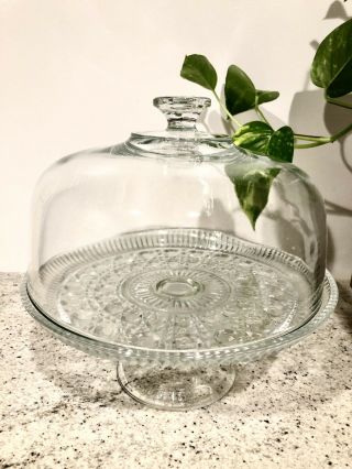 Vintage Clear Glass 12 " Cake Plate With Heavy Dome Cover On Pedestal Base/stand