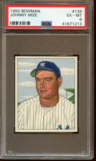 1950 Bowman Baseball Card 139 Johnny Mize York Yankees Psa 6 Exmt