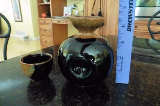 Sake Pitcher Hand Crafted Studio Art Pottery Black Drip Organic & 1 cup vintage 2
