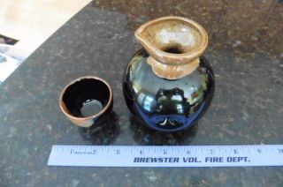 Sake Pitcher Hand Crafted Studio Art Pottery Black Drip Organic & 1 cup vintage 3