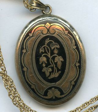 Antique Victorian Gold Filled Chased Black Enamel Locket Pendant Floral Scroll