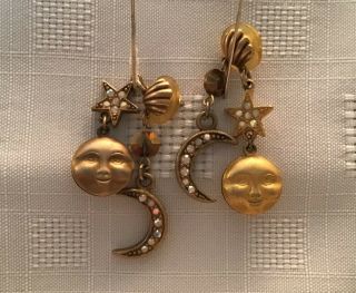 Vtg.  Kirks Folly Moon Stars Gold Rhinestone 2” Dangle Earrings,  Marriage