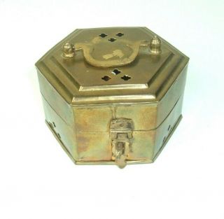 Vtg Brass Octagon Box With Lid Handle Holes Incense Potpourri Mcm 70s