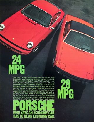 1974 Porsche 911 & 914 2.  0 Coupe Photo " Economic Mileage " Vintage Print Ad