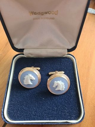Vintage Wedgwood Blue White Cameo Horse Cufflinks.  Authentic Box Vgc