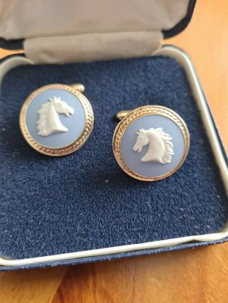 Vintage Wedgwood Blue White Cameo Horse Cufflinks.  Authentic box VGC 2