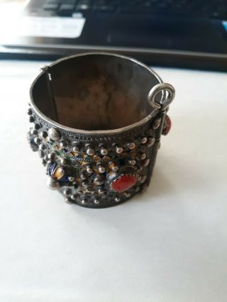 Antique Berber Kabyle Silver Coral Enamel Cuff Bracelet