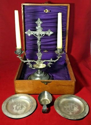 Antique Catholic Last Rites Sick Call Communion Wood Box Candle Holders,  More