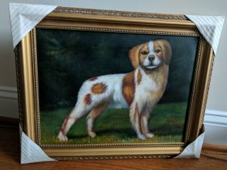 Vintage Oil On Canvas Painting Dog Wood Frame
