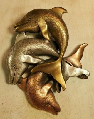 Vintage Pewter Triple Dolphin Triple Color Brooch Signed K & T Copper Brass