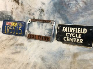 Vintage California Blue Motorcycle License Plate.  Fairfield Cycle Center.