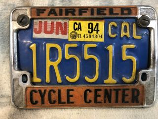 Vintage California Blue Motorcycle License Plate.  Fairfield Cycle Center. 2