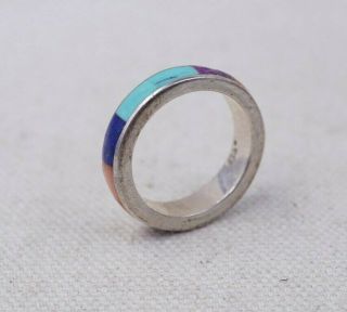 Vintage Sterling Silver Native American Turquoise,  Lapis & Coral Inlay Ring 7.  5