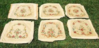 Antique - Vintage Needlepoint Tapestry Seat Covers Floral Tan - Cream Set Of 6