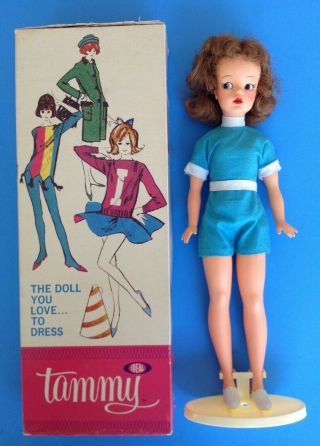 Vintage Tammy Doll Redhead W/box,  Stand,  Blue Playsuit & White Sneakers