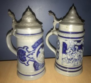 2 Vintage Blue & Gray Salt Glazed Stoneware German Pewter Lidded Beer Stein