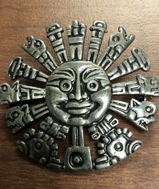 Vintage Taxco Mexico Peru Sterling Silver Aztec/mayan Sun God Pendant/brooch