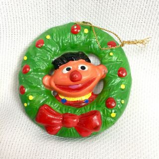 Vtg Sesame Street Christmas Ornament Ceramic Ernie Wreath 1980s Muppets Inc.