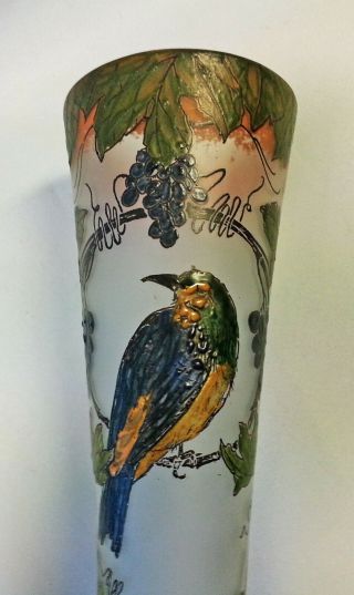 Fine Signed French Art Nouveau Glass 12 " Vase Enameled Impasto Bird Legras